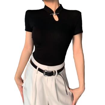 新中式國風辣妹黑色正肩短袖t恤女夏2023新款設計感改良旗袍上衣