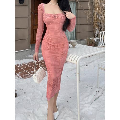 instahot 秋冬印花蕾絲長袖綁帶連衣裙御姐溫柔氣質中長包臀裙女