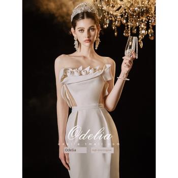 odelia2023新款《白茶》法式緞面領證輕婚紗晚宴小禮服齊地出門紗