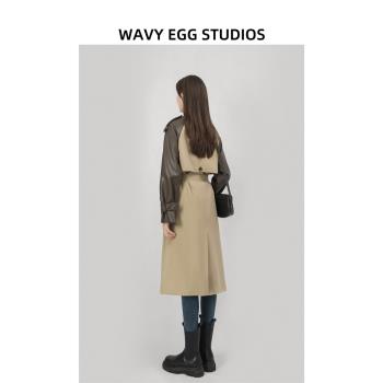 WAVY EGG波浪蛋秋冬系帶風衣女拼接撞色PU人造革中長款收腰外套