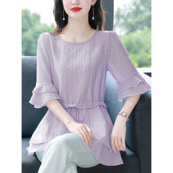 紫色喇叭袖雪紡衫女夏季2023新款氣質收腰裙擺小衫中長款遮肚上衣