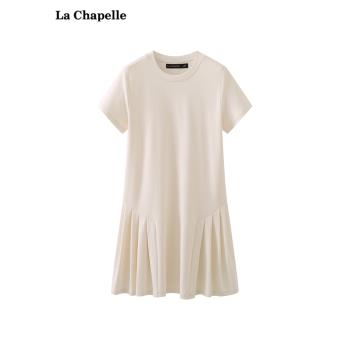 拉夏貝爾/La Chapelle圓領百褶短袖連衣裙女高腰顯瘦簡約中長裙夏