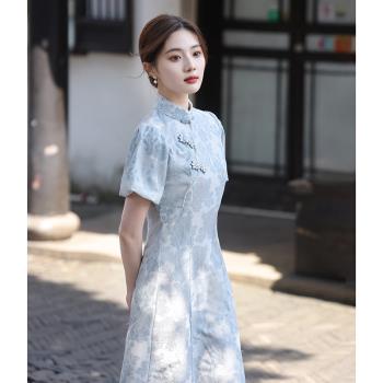 藍色旗袍新款2023夏季小個子新中式改良年輕款連衣裙少女氣質高端