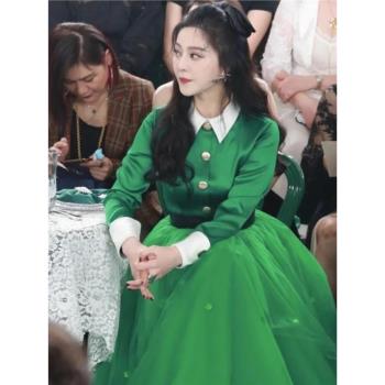 歐洲站時尚撞色翻領長袖半裙網紗