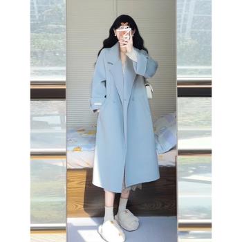 韓系高級感藍色呢子大衣女秋冬季2023新爆款小個子毛呢外套中長款