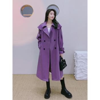 紫色風衣外套女2023春秋新款今年流行韓版小個子高級感超好看大衣