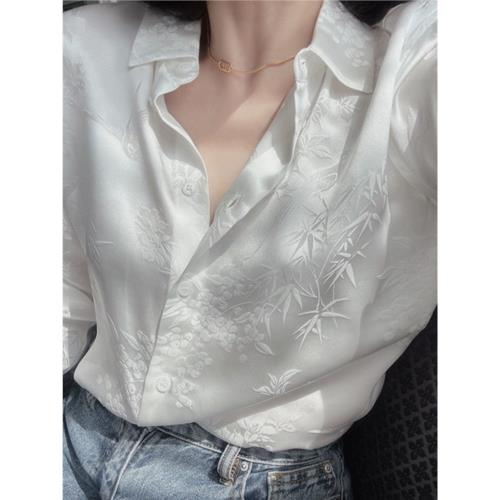 復古國風小鳥竹林高JI感提花真絲輕奢暗紋古樸典雅桑蠶絲緞面襯衫