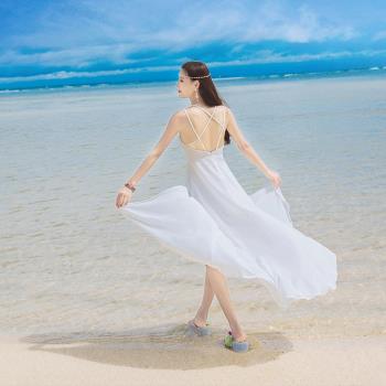 夏季吊帶長裙露背無袖白色雪紡連衣裙波西米亞長裙海邊度假沙灘裙