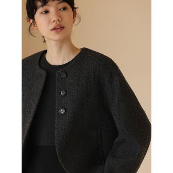 哈齒小姐冬季新款簡約圓領外套100羊毛提花肌理弧形下擺大衣女