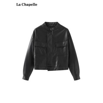 拉夏貝爾/La Chapelle立領復古工裝休閑皮衣女寬松氣質短外套秋季
