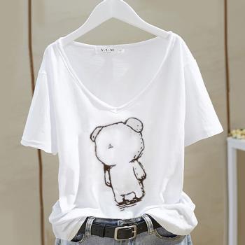 V領白色短袖新款小熊印花寬松T恤