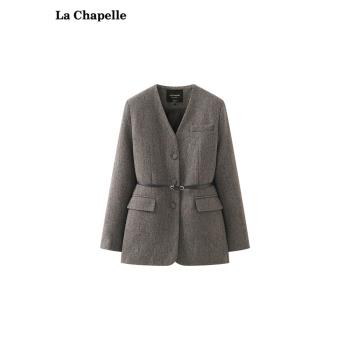 拉夏貝爾/La ChapelleV領西裝款羽絨服女寬松氣質休閑外套新款冬
