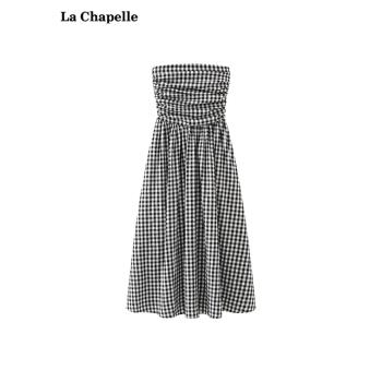 拉夏貝爾/La Chapelle法式格子抹胸連衣裙女氣質a字收腰無袖長裙