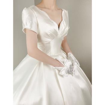 2021新款宮廷風公主婚紗簡約法式緞面復古氣質大拖尾新娘結婚禮服