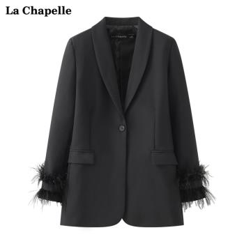 拉夏貝爾/La Chapelle小眾設計感閑寬松西裝中長西服外套女新款秋