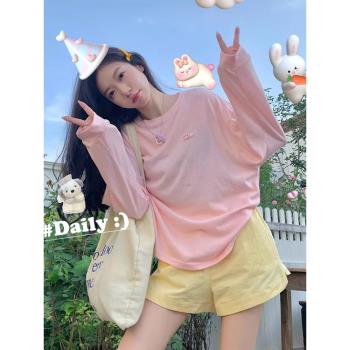 夏日多巴胺穿搭粉色t恤女夏薄款長袖上衣寬松慵懶風休閑防曬罩衫