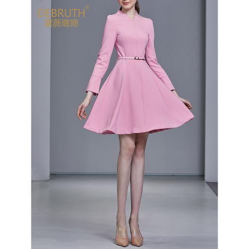 黛薇璐媤粉色V領長袖公主連衣裙女2025春夏新款法式氣質收腰A裙