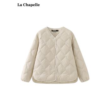 拉夏貝爾/La Chapelle簡約V領菱格羽絨服女冬短款設計感加厚外套