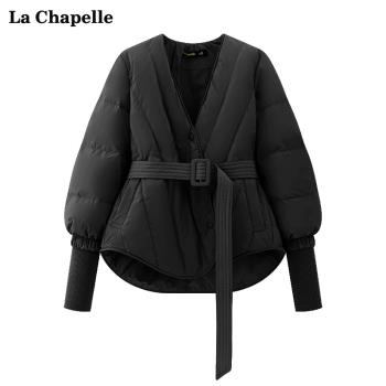 拉夏貝爾/La Chapelle針織拼接V領收腰羽絨服女加厚氣質外套冬季