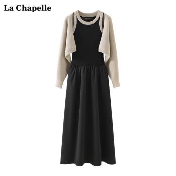拉夏貝爾/La Chapelle針織背心連衣裙蝙蝠開衫套裝女氣質兩件套秋