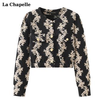 拉夏貝爾/La Chapelle重工提花泡泡袖短外套女圓領寬松氣質上衣秋