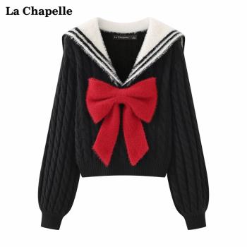 拉夏貝爾/La Chapelle海軍領蝴蝶結麻花套頭針織衫女韓版上衣秋季