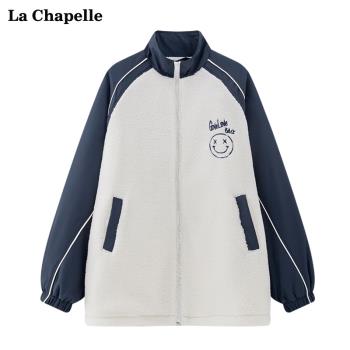 拉夏貝爾/La Chapelle字母笑臉拼接短外套女插肩袖寬松加厚上衣冬
