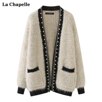 拉夏貝爾/La Chapelle秋季蝙蝠型金絲粗針織開衫女寬松毛衣外套