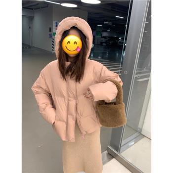 Halo nini 羽絨服冬季女顯瘦連帽短款粉色高階感超好看白鴨絨外套