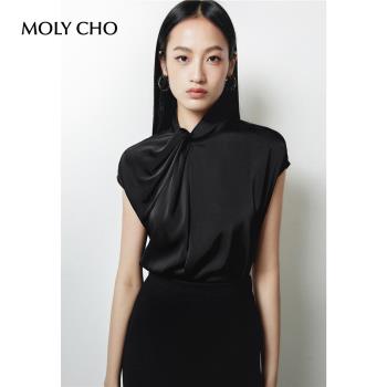 MOLYCHO 新中式立領緞面襯衫女夏設計感扭結小眾上衣寬松無袖襯衣