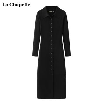 拉夏貝爾/La Chapelle長袖針織連衣裙女高腰顯瘦氣質長裙秋季新款