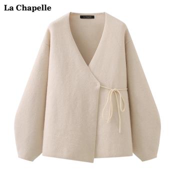 拉夏貝爾/La Chapelle系帶收腰V領針織開衫女韓版寬松上衣新款秋