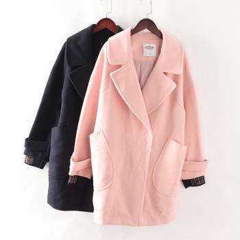 冬裝新品 簡約時尚翻領寬松休閑拼接羊毛呢大衣女剪標