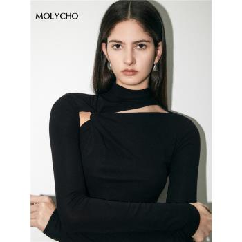 MOLYCHO黑色扭結長袖鏤空T恤女秋冬修身內搭打底衫設計感小眾上衣