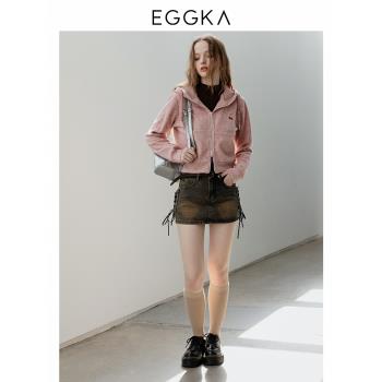 EGGKA 設計感牛仔半身裙女秋冬季美式復古短裙高腰A字黑色包臀裙
