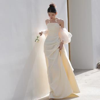 森系抹胸輕婚紗高階感2025年超仙出門紗法式高階新娘結婚緞面禮服
