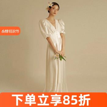 V領訂婚氣質小拖尾禮服裙緞面