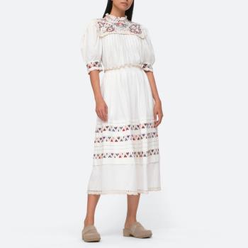 夏季亞麻白色刺繡花朵波西米亞風民族風五分袖泡泡袖上衣半裙套裝
