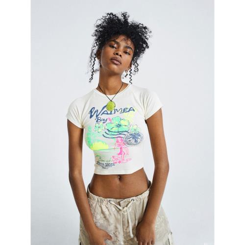 NONTRADE/Jaded歐美ins辣妹彩色印花海灘印花短款緊身短袖T恤上衣