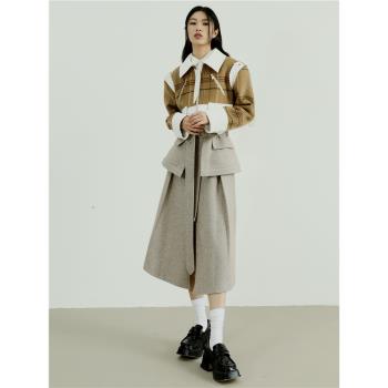 JNYLON獨立設計師品牌法式優雅人字紋高腰顯瘦假兩件30羊毛半身裙