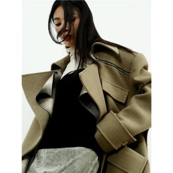 JNYLON獨立設計師品牌秋冬氛圍感假兩件撞色不對稱毛呢大衣外套