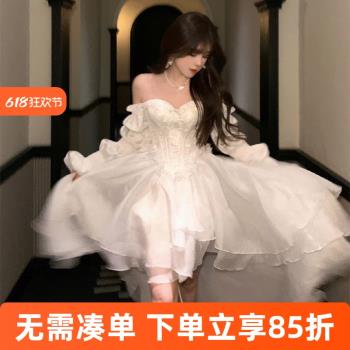 短款輕婚紗2025新款氣質名媛晚禮服一字肩法式高階感不規則連衣裙