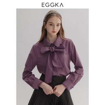 EGGKA 高級感花邊系帶蝴蝶結長袖襯衣秋冬寬松休閑洋氣設計感上衣