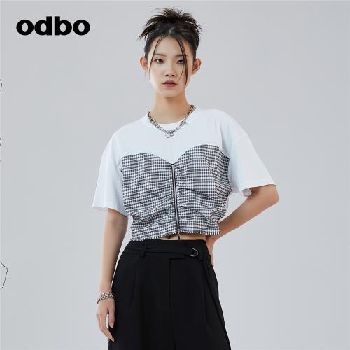 【HEARD】odbo歐寶格紋拼接短袖t恤女夏季新款短款上衣潮