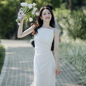 旅拍輕婚紗小白裙簡約森系訂婚連衣裙日常法式新娘領證登記禮服夏