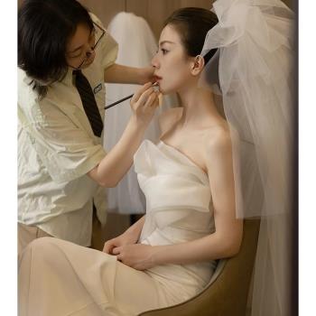 緞面輕婚紗韓式簡約顯瘦魚尾晨拍禮服森系超仙新娘結婚訂婚出門紗