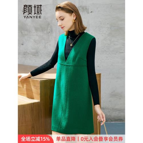 顏域V領無袖毛呢連衣裙女2025年新款冬時尚寬松氣質羊毛呢子裙子