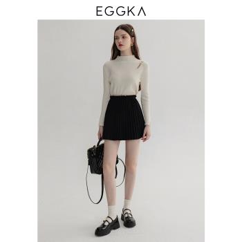 EGGKA 蝴蝶結別針鏤空半高領針織衫冬季法式設計感長袖套頭上衣女