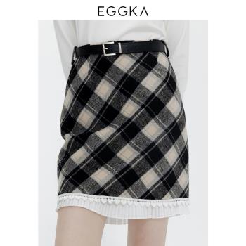 EGGKA 復古格紋毛呢半身裙冬季氣質時尚設計感拼接蕾絲邊高腰短裙