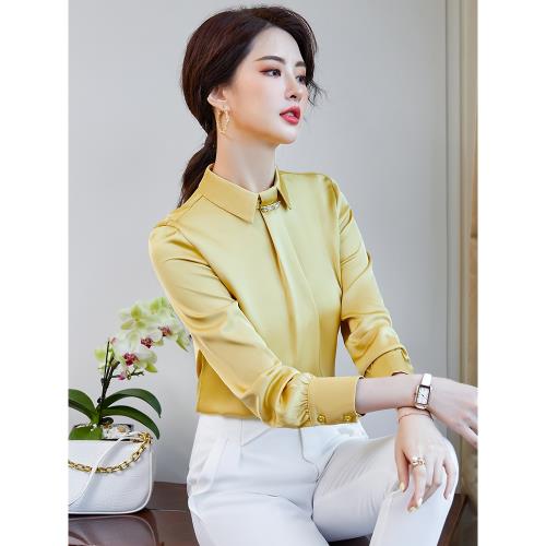 緞面襯衫女黃色洋氣垂感新款時尚套頭雪紡襯衣長袖職業真絲上衣女